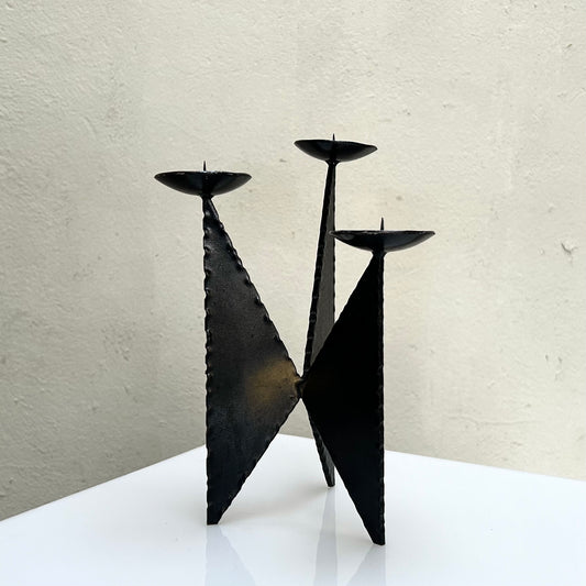 Brutalist Black Iron Three-armed Candle Holder