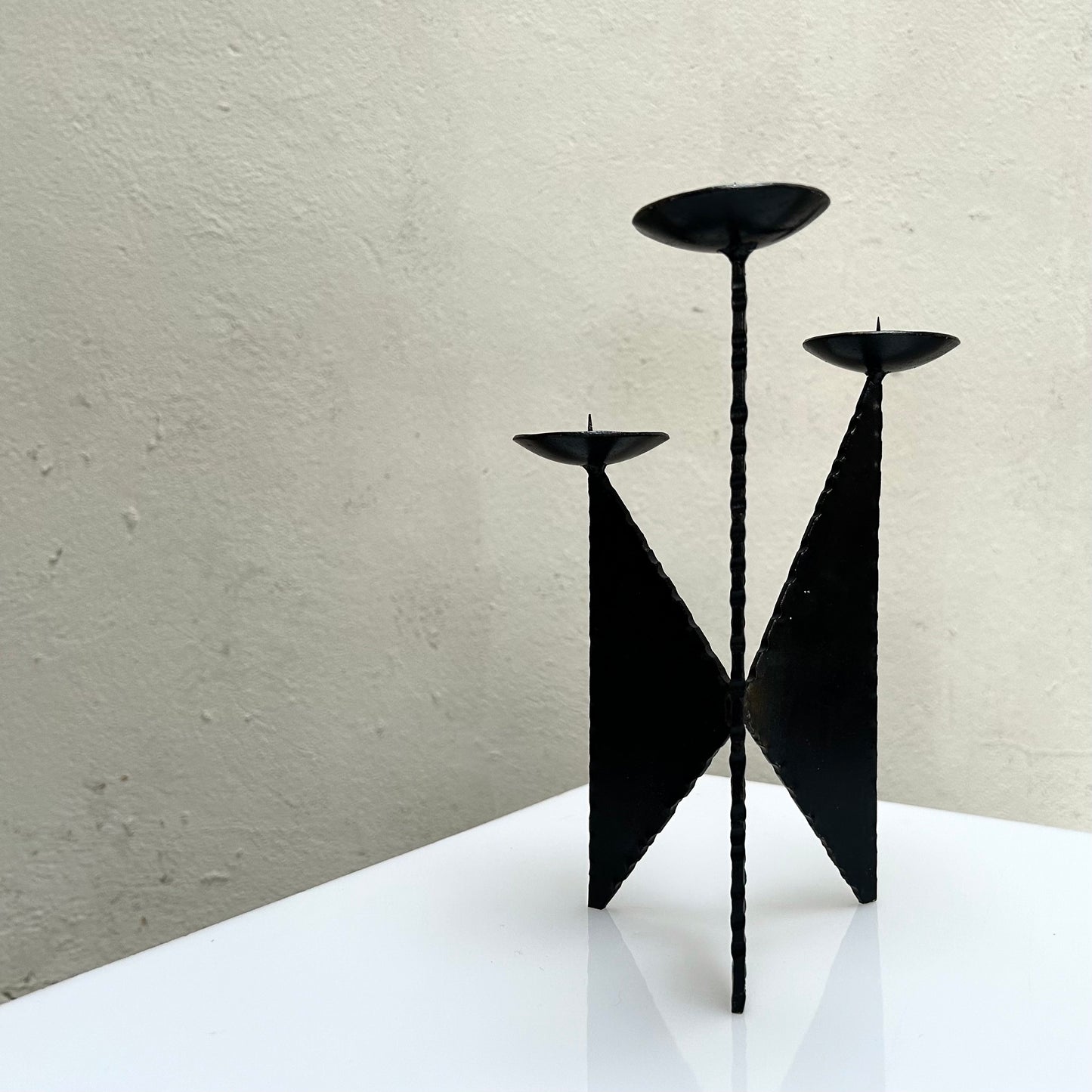 Brutalist Black Iron Three-armed Candle Holder